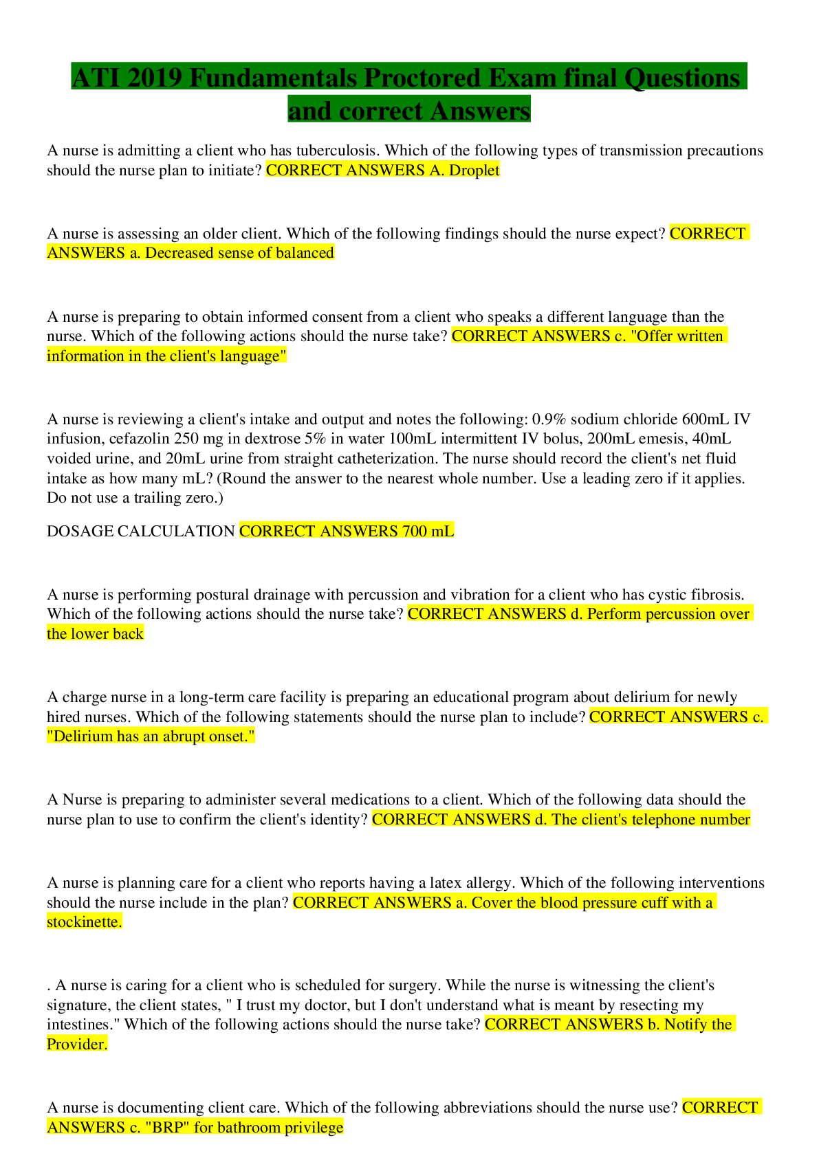 Preview image for ATI 2019 Fundamentals Proctored Exam final Questions and correct Answers